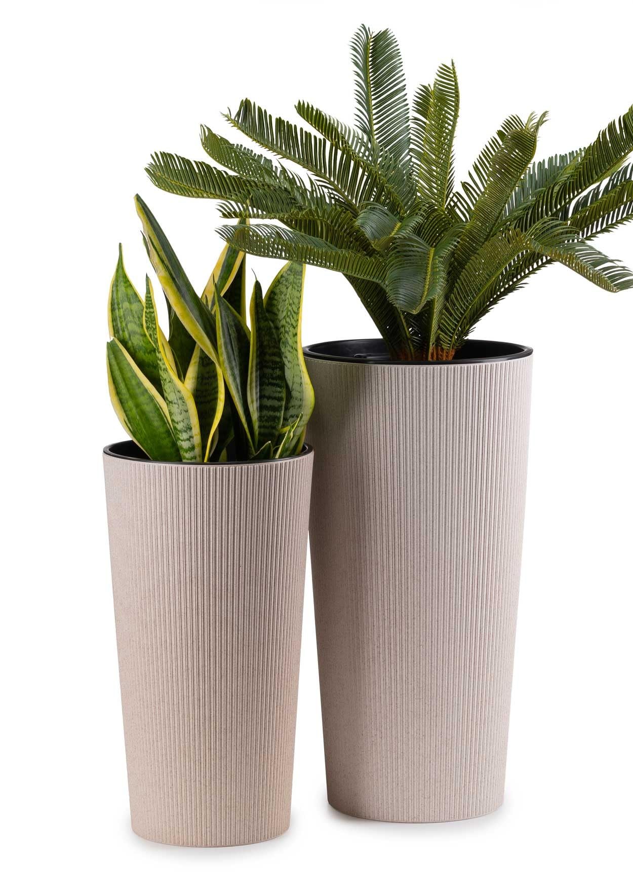 Lot de 2 grands pots de fleurs avec insert pour jardinière, beige, en plastique, pour décoration de salon ou de jardin | Lot de 2 cache-pots (30 x H57 cm et 25 x H46 cm)