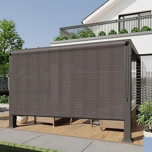 HENG FENG Persiana enrollable para exteriores, 4 pies de ancho x 6 pies de alto, persianas enrollables para porche, glorieta, pérgola, balcón, moca