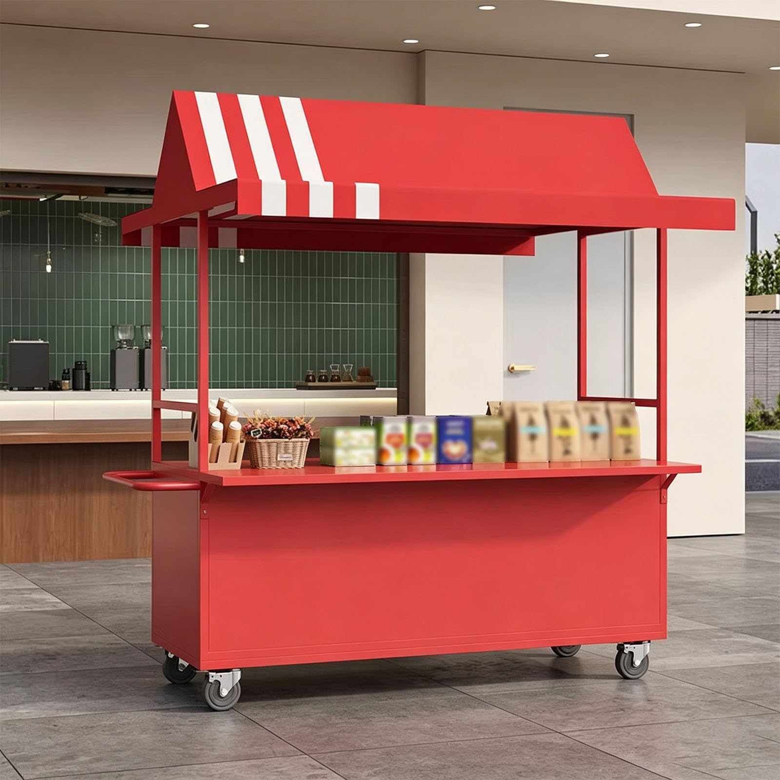 Carrello Alimentare da Esterno con Tettoia, Stand Mobile per Bevande con Ruote e Ripiani Portaoggetti, Carrello Portatile per Caffè e Drink per Eventi, Mercati e Festival(Red,120cm/47in)