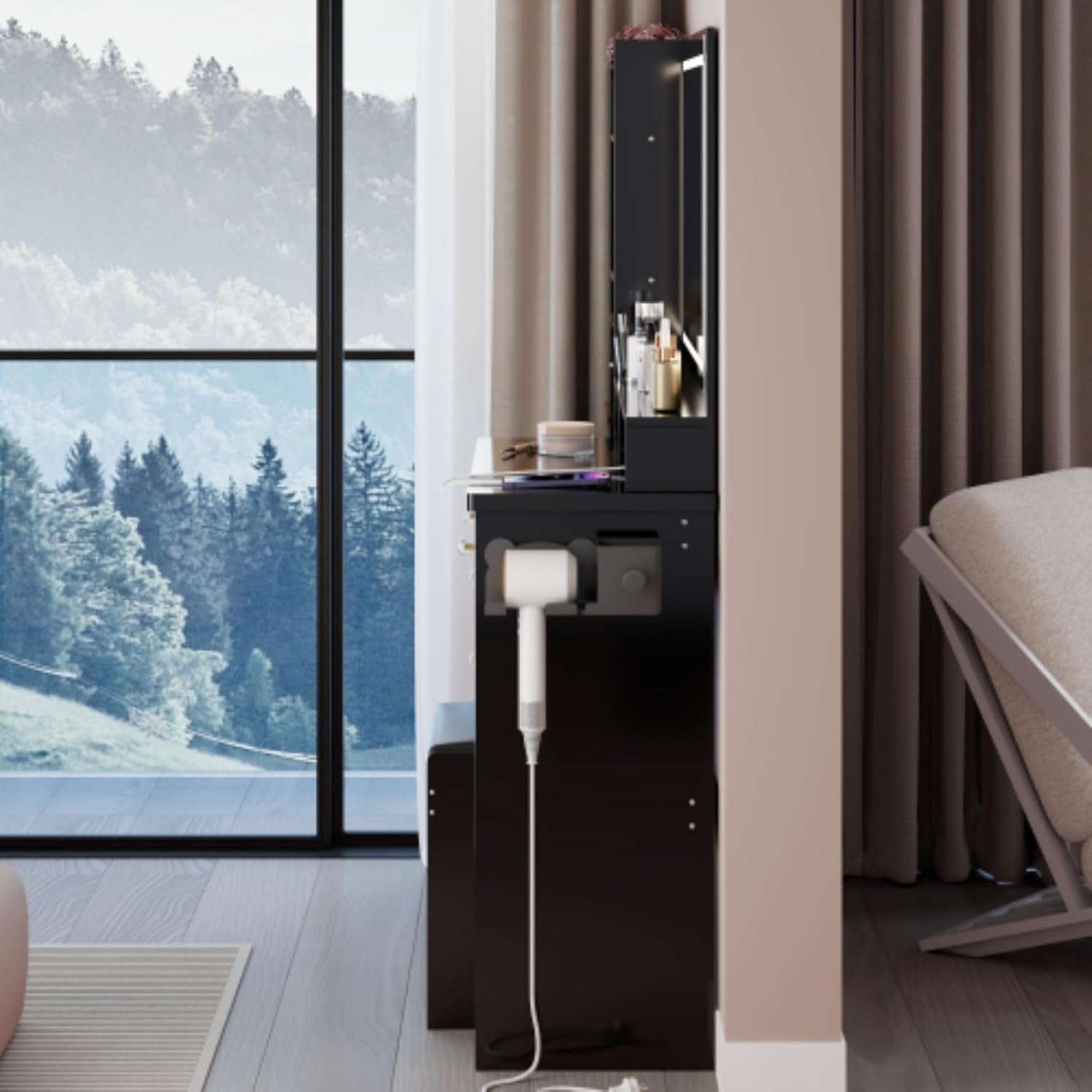 41" Large Black Left Bedside Cabinet Vanity Table+Cushioned Stool Dresser Set, 2 AC+2 USB Power Station, Hair Dryer Stand, Extra Large Touch Control LED Mirror, 3-color Switch.EPA, GCC, UL Certificate