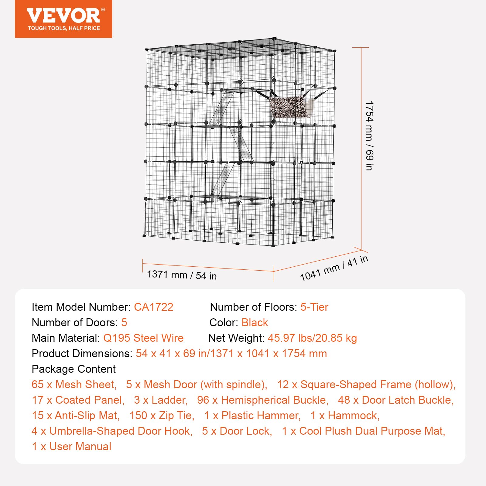 VEVOR Cage Chat 4 Niveaux, Enclos Chats Fil Métallique Modulable Amovible, 5 Portes, Échelles, Hamac, 1371x1041x1754 mm
