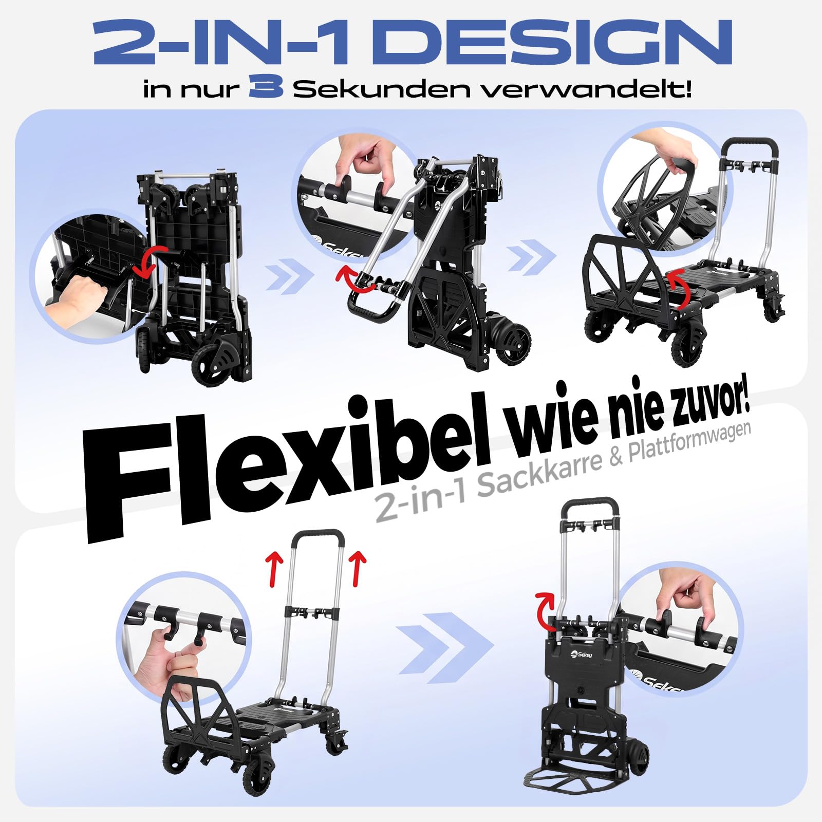 Sekey Sackkarre Klappbar & Klappbarer Transportwagen 2-in-1, Aluminium Plattformwagen belastbar bis 150 kg, Transportkarre mit TPR-Doppellagerräder, Bremse & Ergonomischem Griff, Schwarz