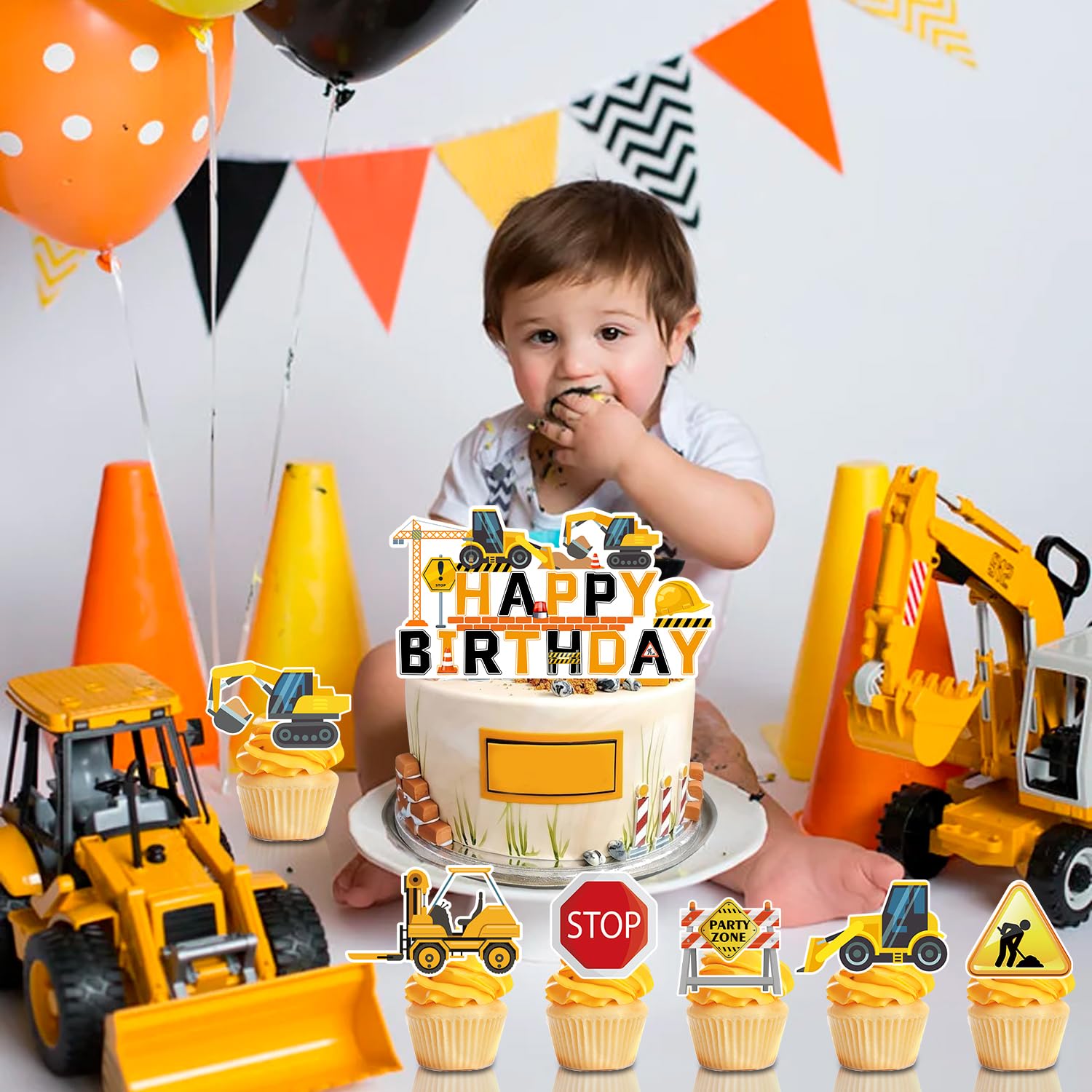 Set 18 Pezzi Decorazioni Per Torta A Tema Costruzioni, Con Escavatore, Gru, Segnali Stradali E Cartelli, Per Compleanni E Cupcake - 3