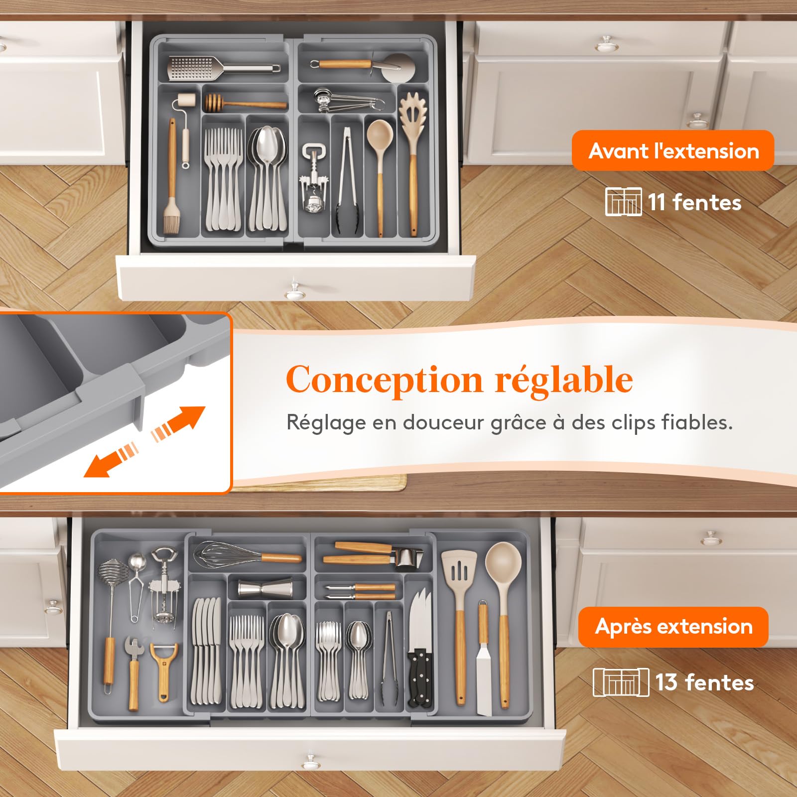 Lifewit Grand Range Couverts, Rangement Couvert Tiroir Cuisine, Extensible de 54.1 jusqu'à 91,4 cm de Large, Organisateur en Plastique pour Couverts, Cuillères, Fourchettes, Couteaux, Gris