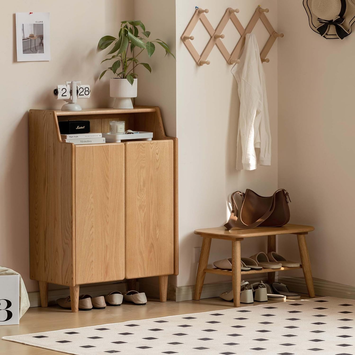 YESWOOD Solid Wood Shoe Storage Cabinet with Doors - 4-Tier Adjustable Shelves, Mid Century Modern Shoe Cabinet for Entryway, Hallway, Closet (Oak, Natural)