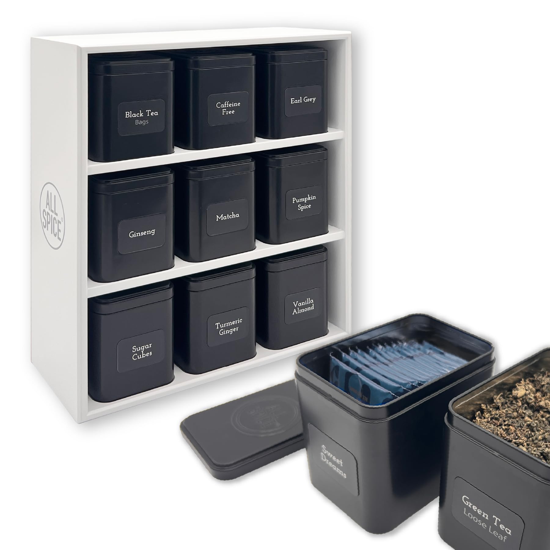 AllSpice Tea Organizer Rack with 9 Tins & 160 Magnetic Labels – Perfect for Bagged & Loose Leaf Tea Organization - White