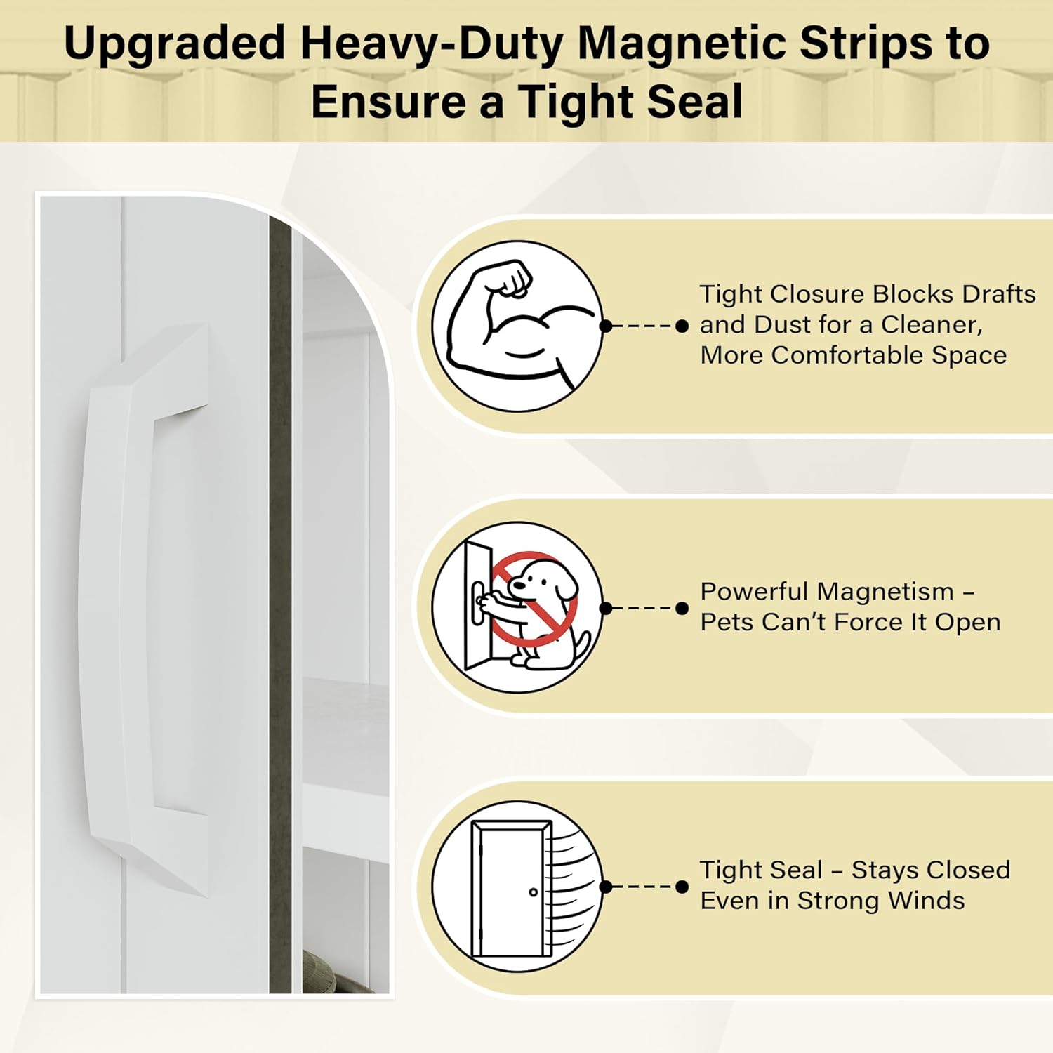 120" x 80" Enhanced Accordion Door Interior, Power Magnetic PVC Folding Door with 4 Handles & All Hardware, Room Divider Accordion Doors for Doorway Closet Basement Bathroom RV Camper, White