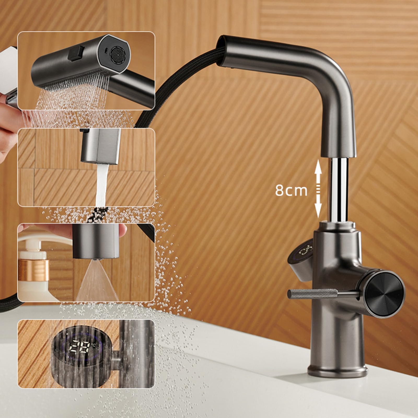 Generico Rubinetto da Bagno Miscelatore da Cucina con Doccetta Estraibile Cascata Miscelatore Monocomando per Lavabo con Display Digitale Girevole 360° Grigio Canna di Fucile