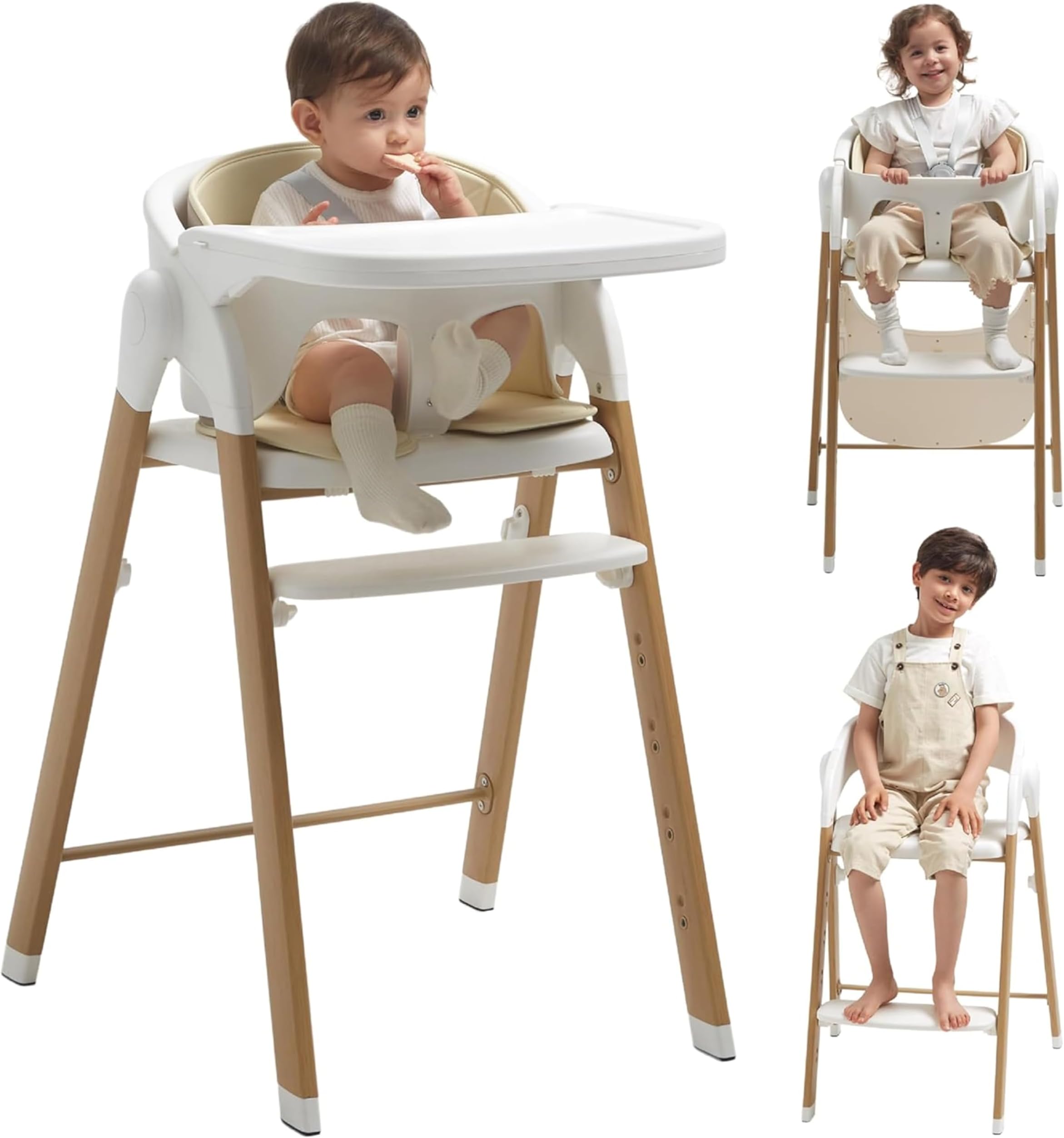High Chair for Babies and Toddlers Adjustable Foldable Convertible 5 Point Harness Easy Clean Wood-Printed Metal with Removable Tray Baby Highchair for Family (White&Natural Wood-Printed Metal)