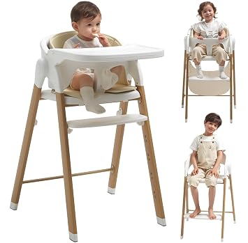 KUB High Chair for Babies and Toddlers Adjustable Foldable Convertible 5 Point Harness Easy Clean Wood-Printed Metal with Removable Tray Baby Highchair for Family White&Natural Wood-Printed Metal