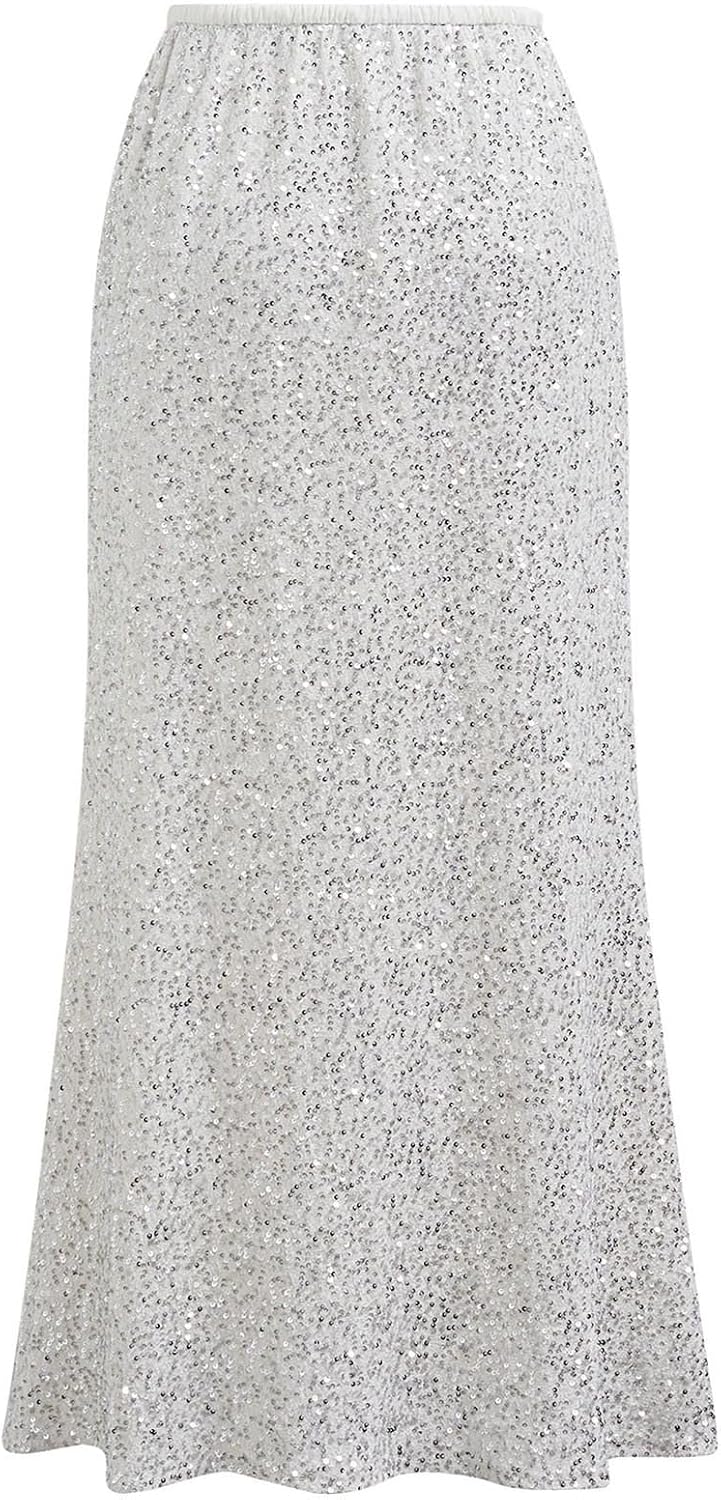 CHICWISH Women Sequin Mermaid Maxi Skirt Elegant Elastic High Waist A Line Flare Cocktail Party Glitter Long Skirts