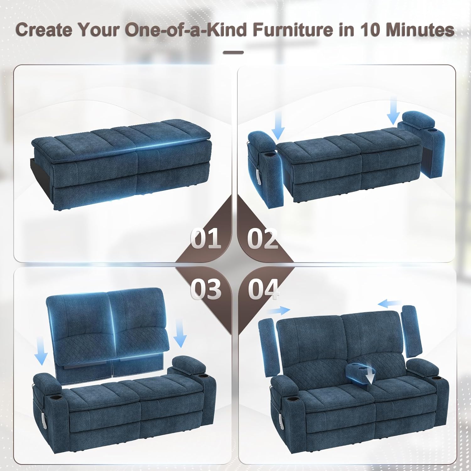 Yolsali Power Reclining Loveseat with Remote Control, Zero Wall Hugger RV Loveseat Recliner Sofa for Living Room with Removable Armrest, 2-Tier Cushions, Hidden Storage & USB Ports, Soft Fabric Blue