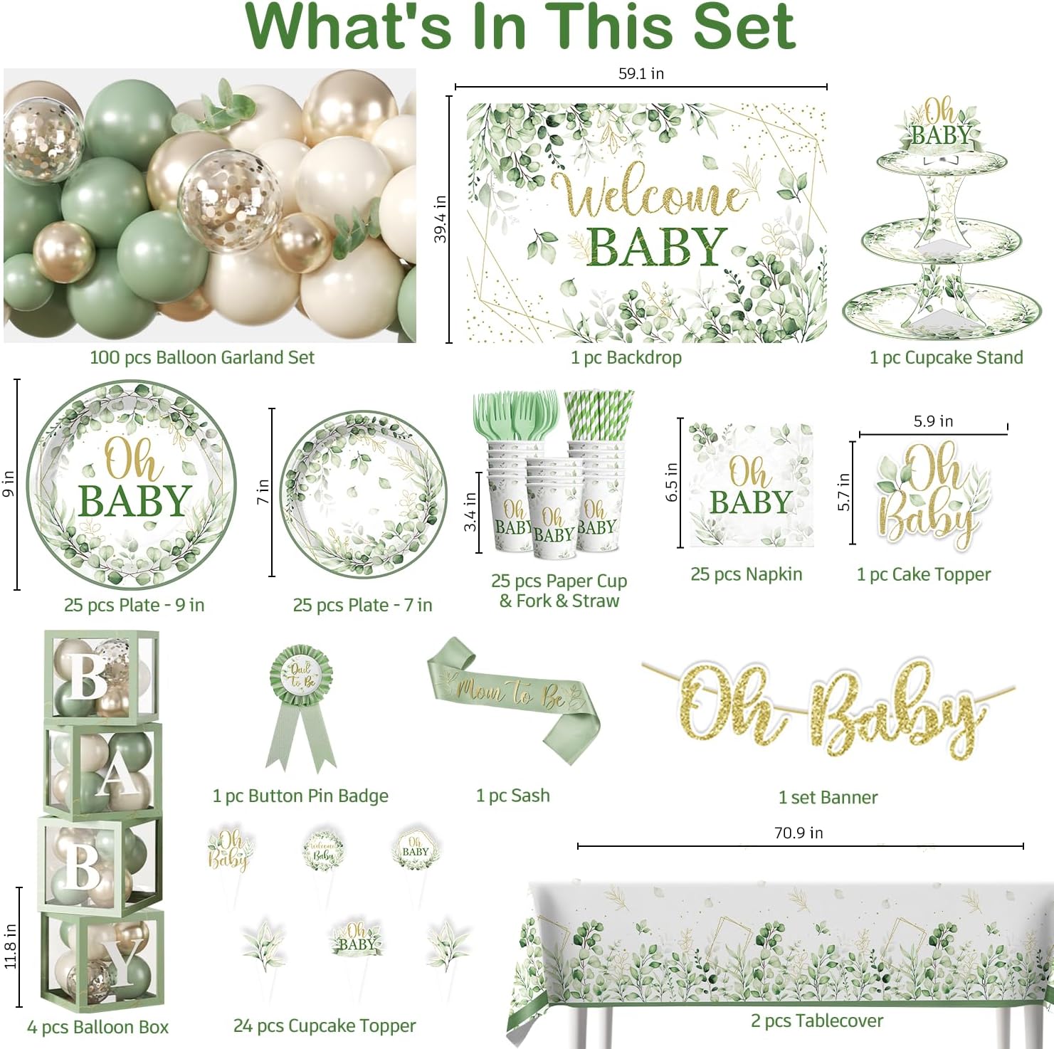 286 Pcs Sage Green Baby Shower Decorations Set-Serves 25 Guests -All-in-One Gender Neutral Party Supplies Kit Includes Balloon Arch, Backdrop, Tableware Set, and Sash