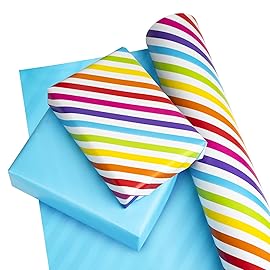 WRAPAHOLIC Reversible Wrapping Paper - Mini Roll - 17 Inch x 33 Feet - Rainbow Stripe and Solid Blue Design for Birthday, Celebration, Baby Shower
