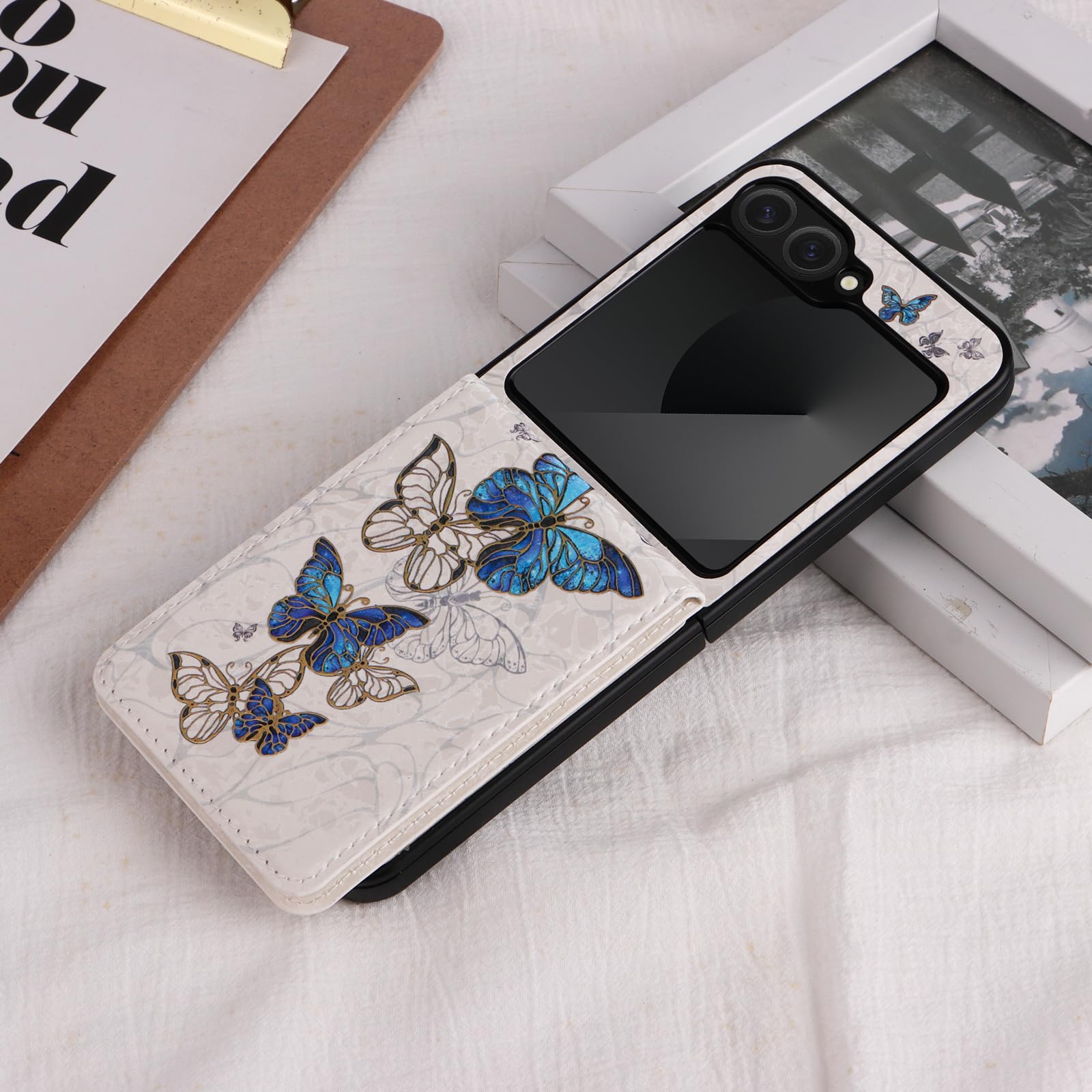 UEEBAI Wallet Case for Samsung Galaxy Z Flip 6/Z Flip 5 with Card Holders, PU Leather Cover Kickstand RFID Blocking Double Magnetic Clasp Rilievo