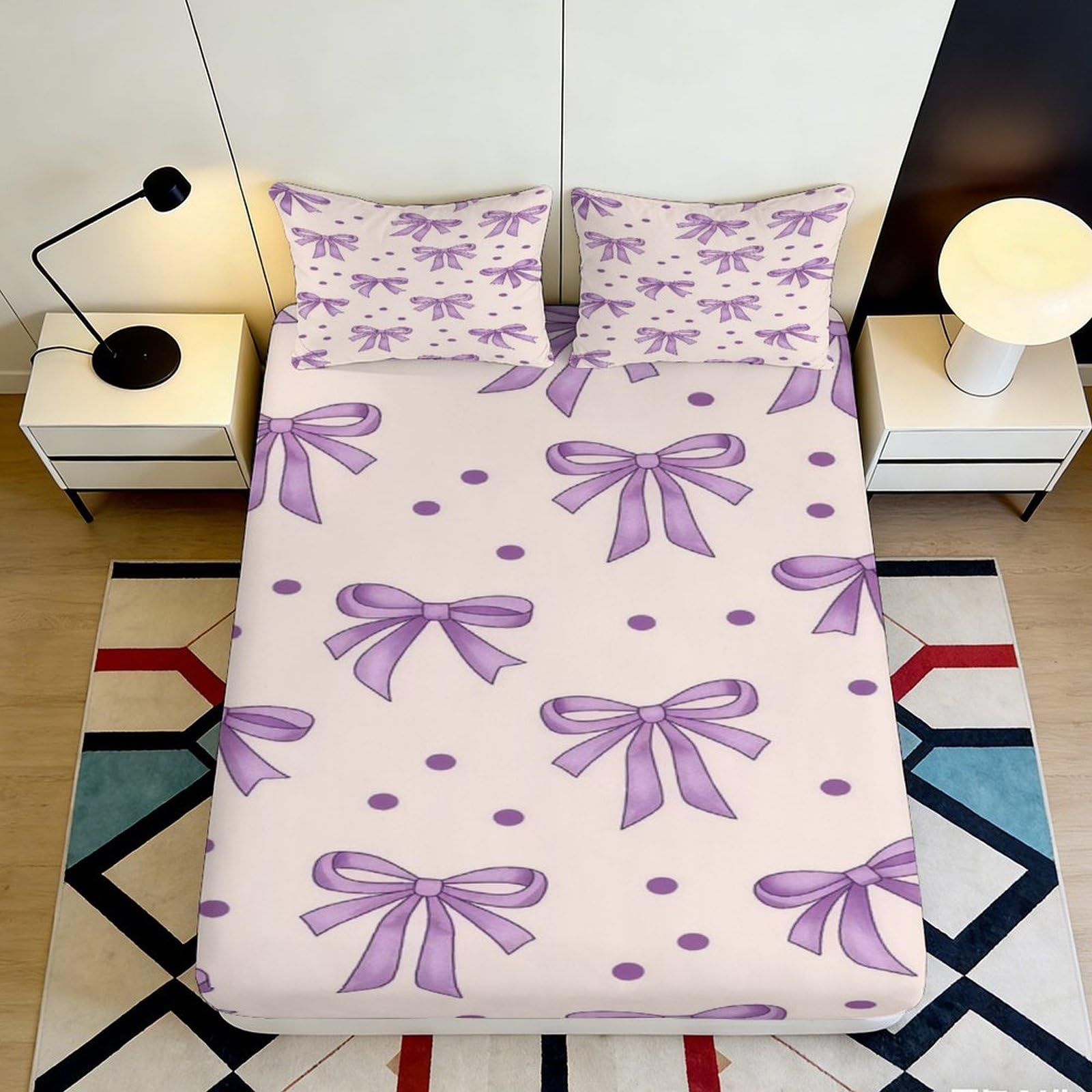3D Printed Purple Bow Fitted Sheet Microfiber Soft Non-Slip Polka Dot Bed Cover for Bedroom Dorm Mattress Protection Decor 120x200x25cm