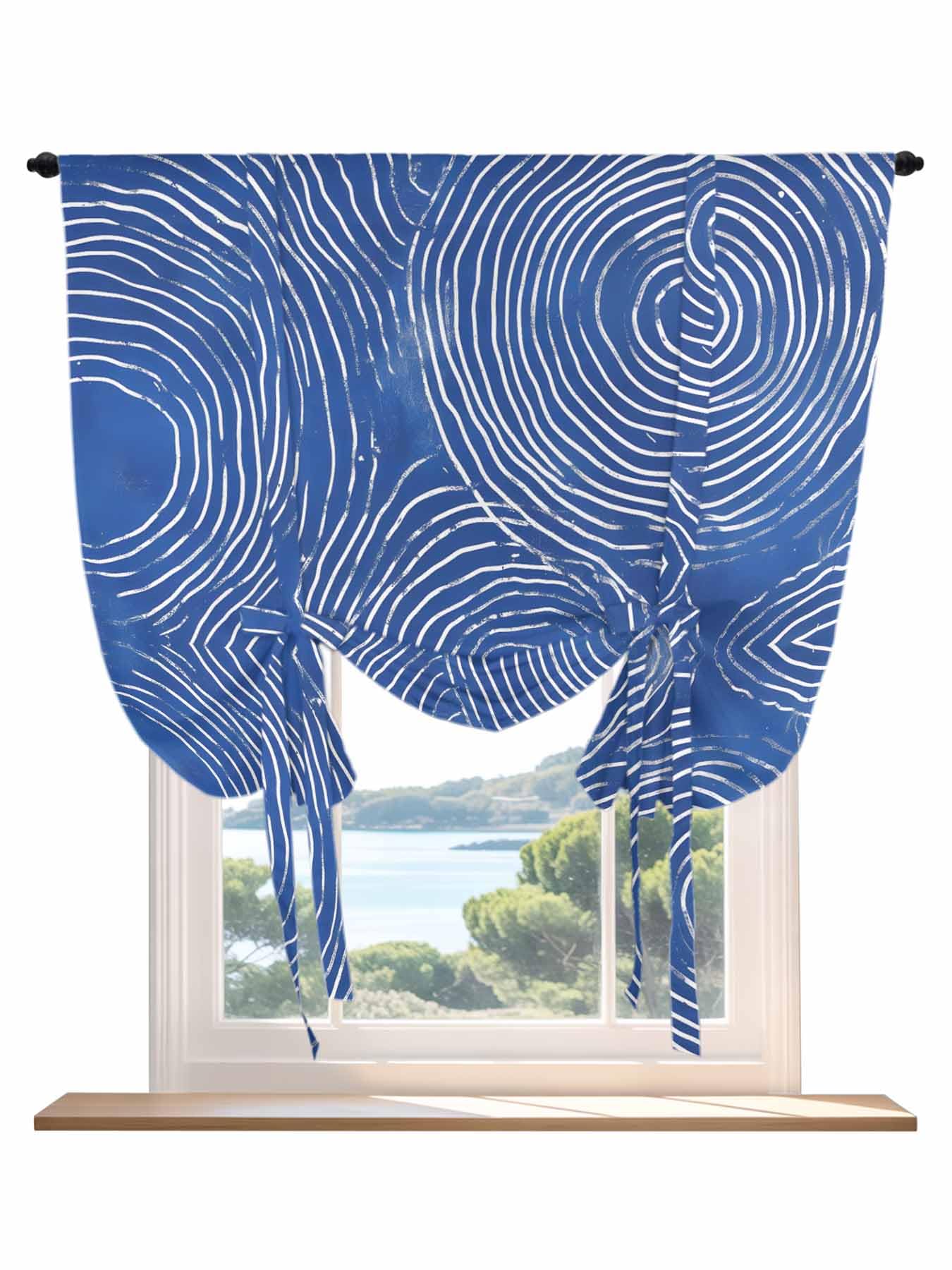 Tie Up Curtains for Windows Blue Geometric Roman Shade 34 x 45 Inch Bathroom Curtains Window Modern Minimalism Abstract Striped Rod Pocket Short Balloon Curtains for Living Room Kitchen Small Blinds