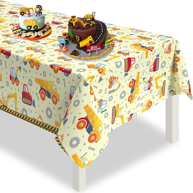 Xinvery Construction Party Tablecloth, Yellow Car Table Cloth Yellow Engineering Vehicle Table Cloths Decorations for Boys Kids Birthday Baby Shower Party 137 x 274cm