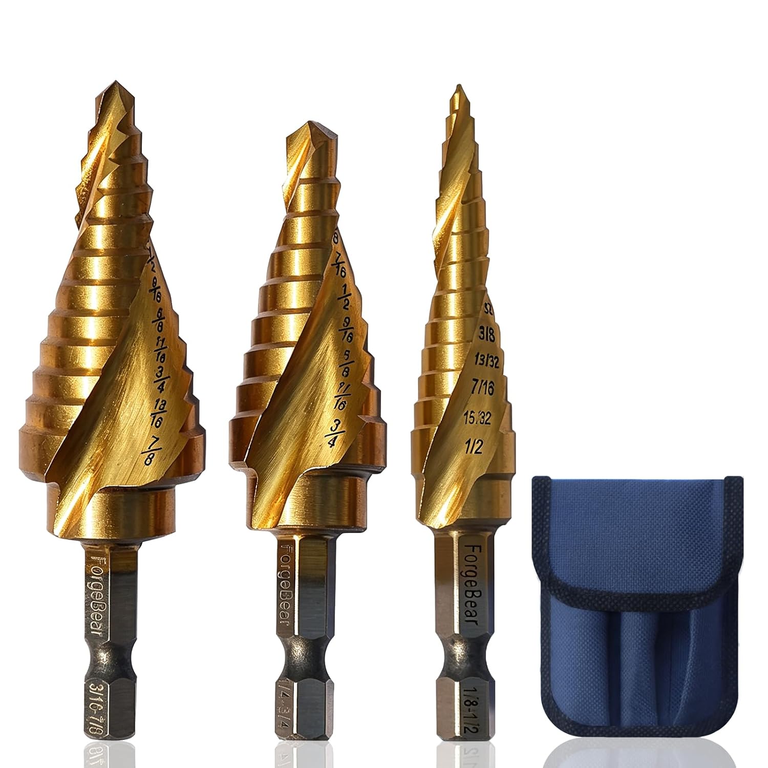3PCS Titanium Step Drill Bit Set, HSS 4241 Multi-Step Drill Bits with Canvas Storage Bag, Spiral Groove Self-Centering Drill for Thin Steel, Aluminum, PVC, Wood, DIY & Repair