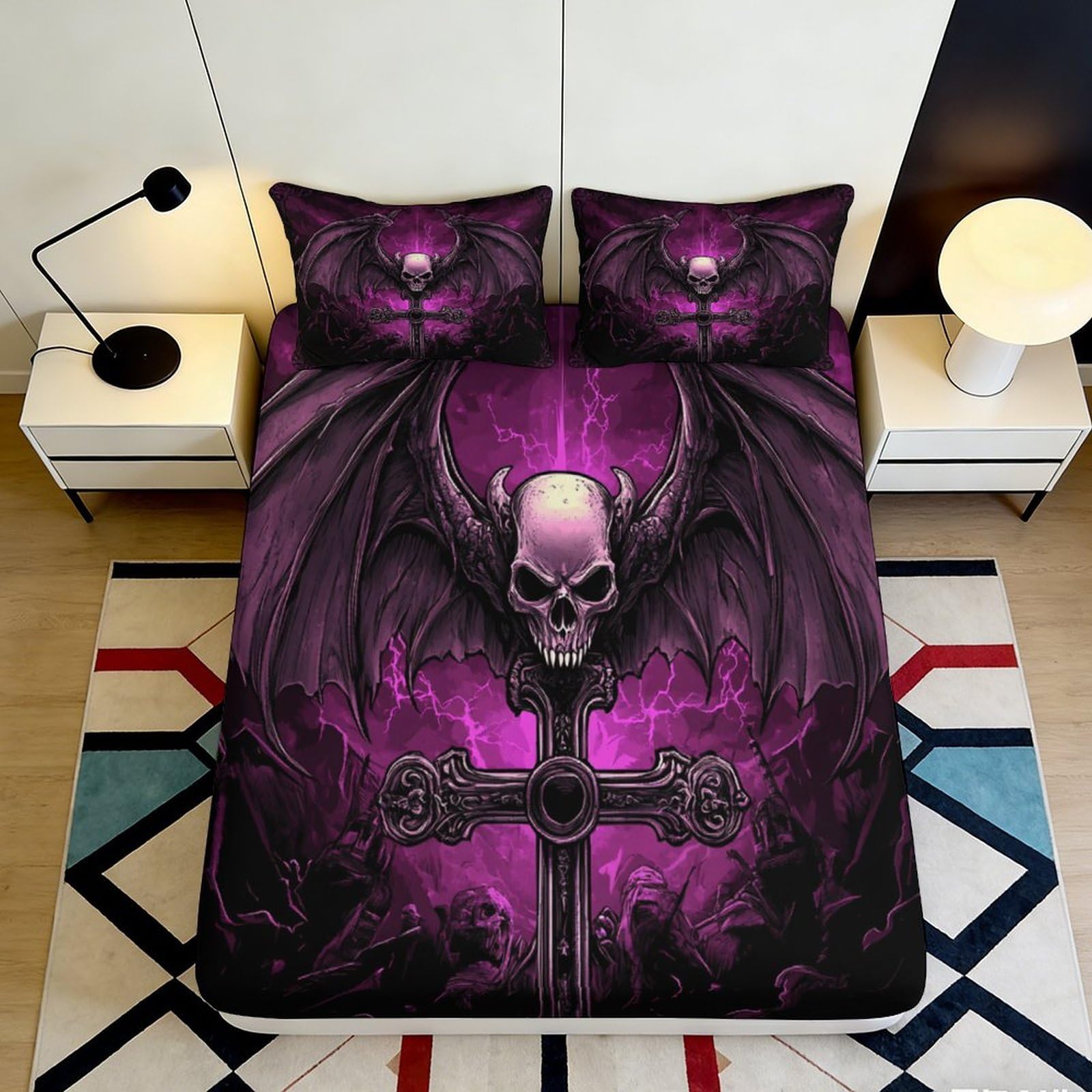 3D Printed Gothic Skull Fitted Sheet Microfiber Purple Bat Cross Mattress Cover for Bedroom Dorm Decor Protection 90x200x25cm