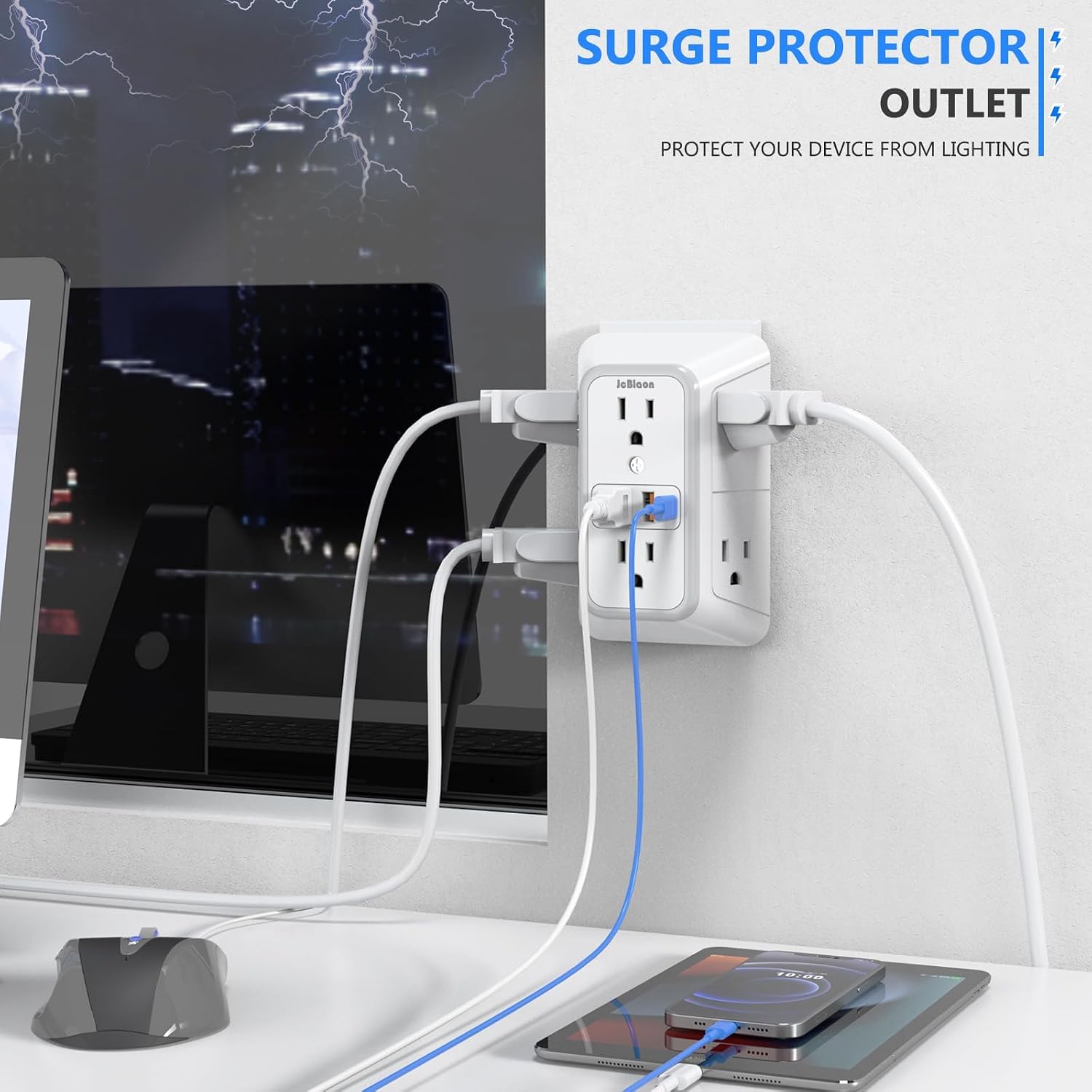 JcBlaon Outlet Extender Surge Protecto, 6 Outlet Extender with 4 USB Ports, 3 Sided 1050J Power Strip, Multiple Plug Expander Wall Charger for Home Office Travel-ETL