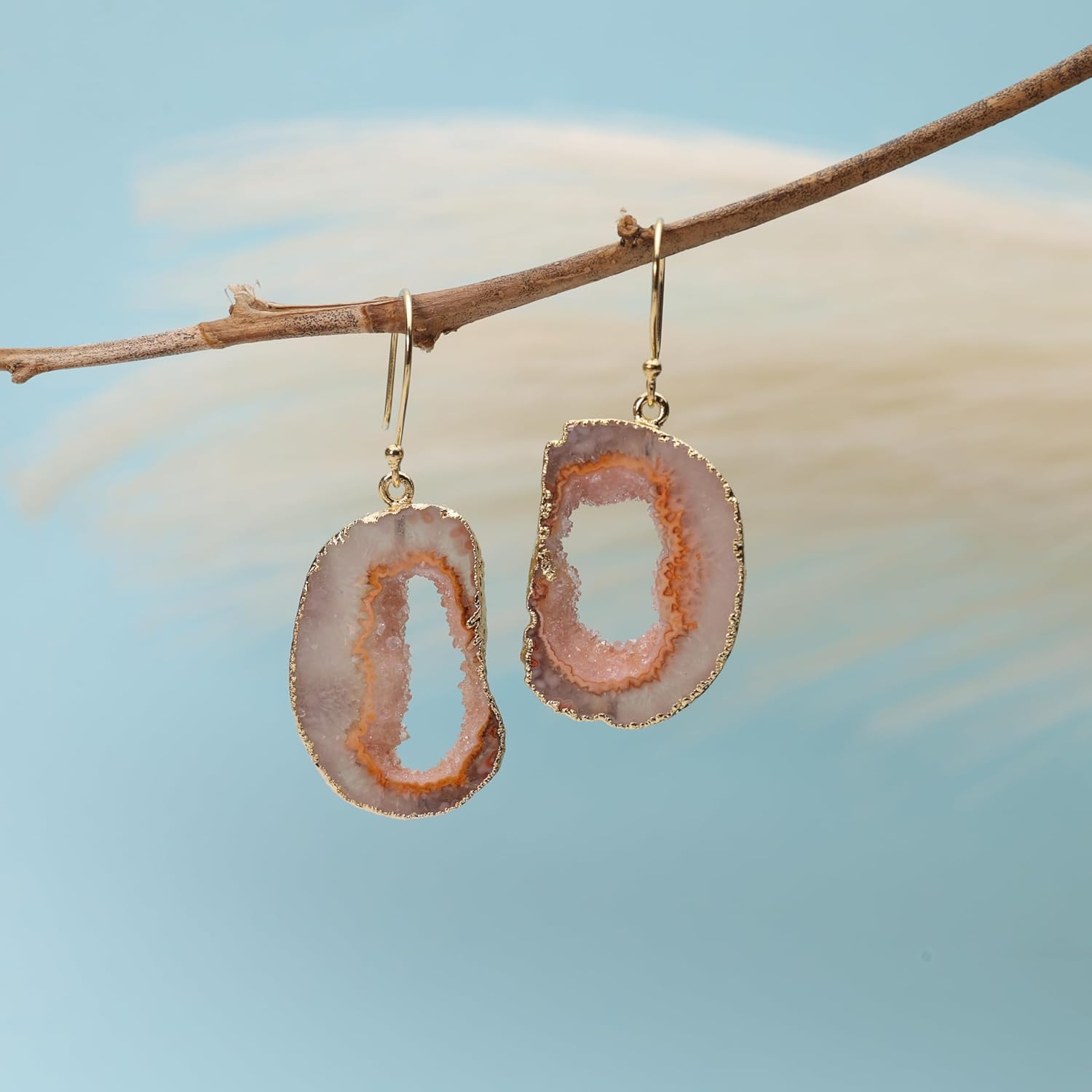 Bespoke Unique Geode Agate Slice Druzy Gold and Silver dangle earrings for Women gemstone size approximately 30-40mm Long