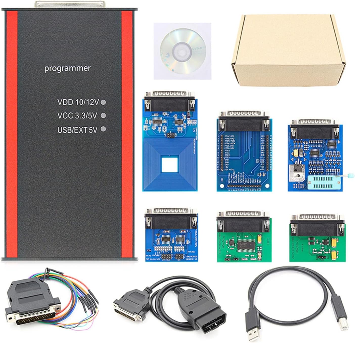 Image showing the TSUSF V87 main unit, various adapters, cables, a CD, and a cardboard box, representing the full package contents.