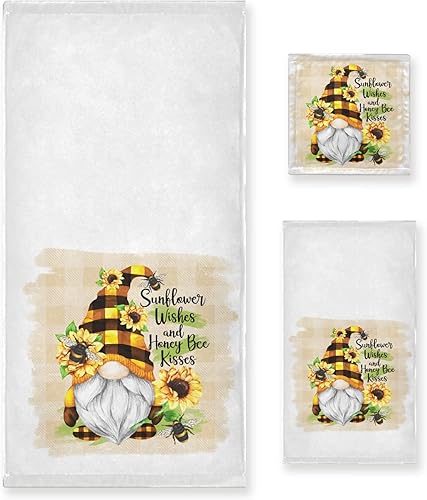 Pfrewn Juego de 3 toallas de baño de flores de girasol de gnomo, toallas de baño de primavera a cuadros de abeja, toallas de baño suaves y