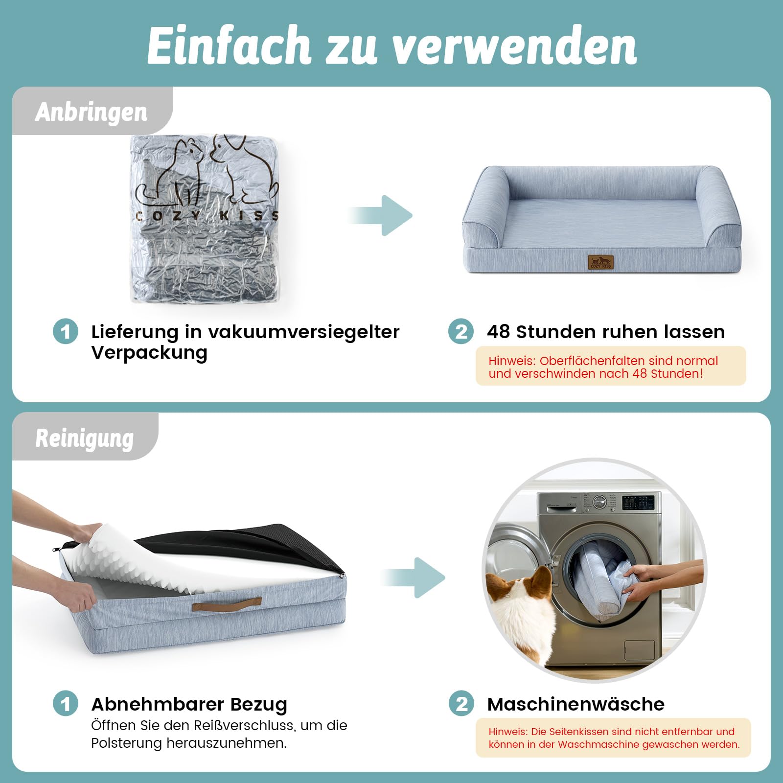 COZY KISS Kühlende Orthopädisches Hundebett für Große Hunde 107x76x18cm - Q-Max>0.4 Sommer Ergonomische Hundesofa mit abnehmbarem und waschbarem Bezug & Eierkisten-Schaumstoff, Hellblau