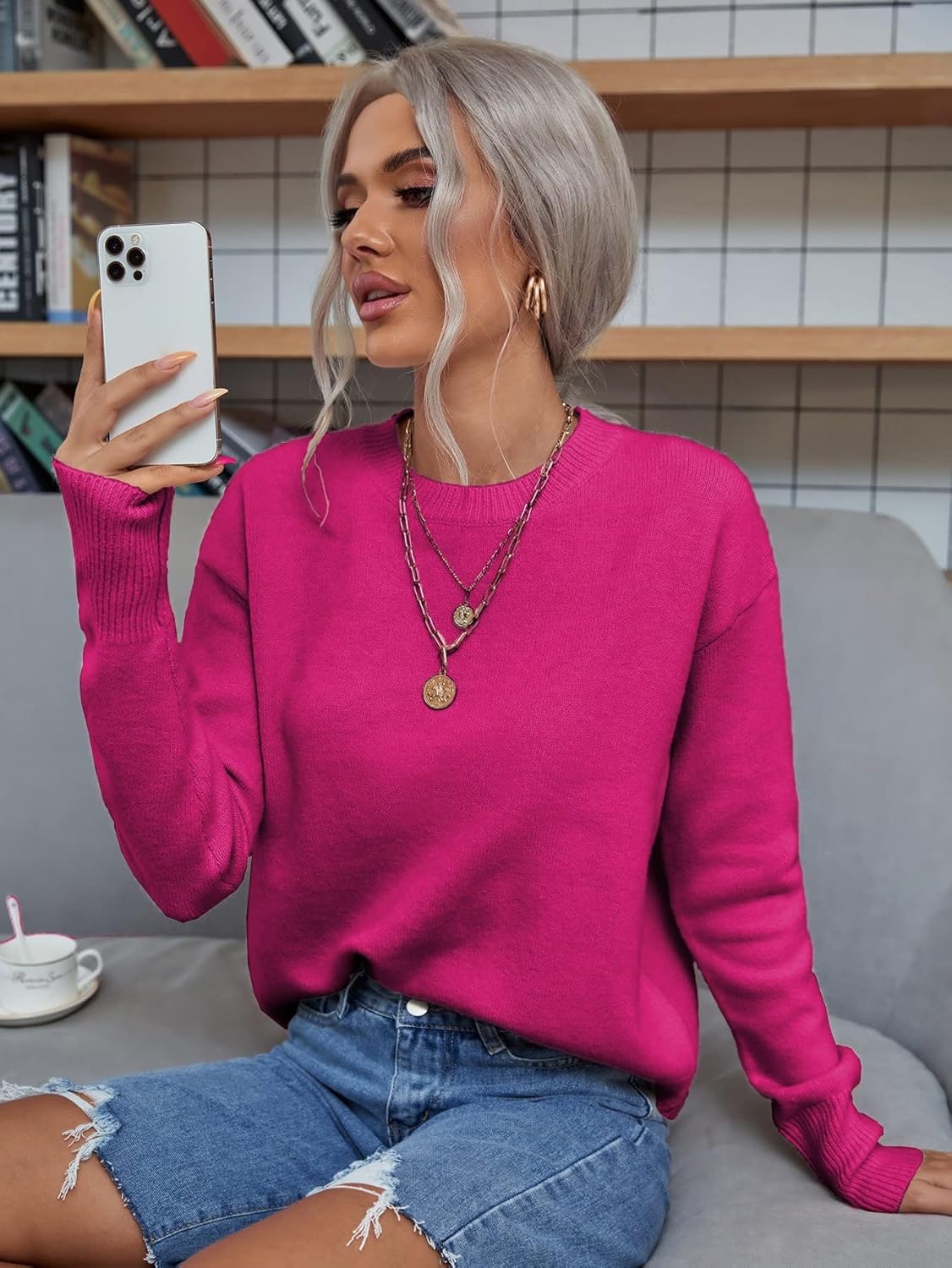 Women's Sweater Solid Drop Shoulder Sweater Sweater for Women (Color : Beige, Size : Medium)