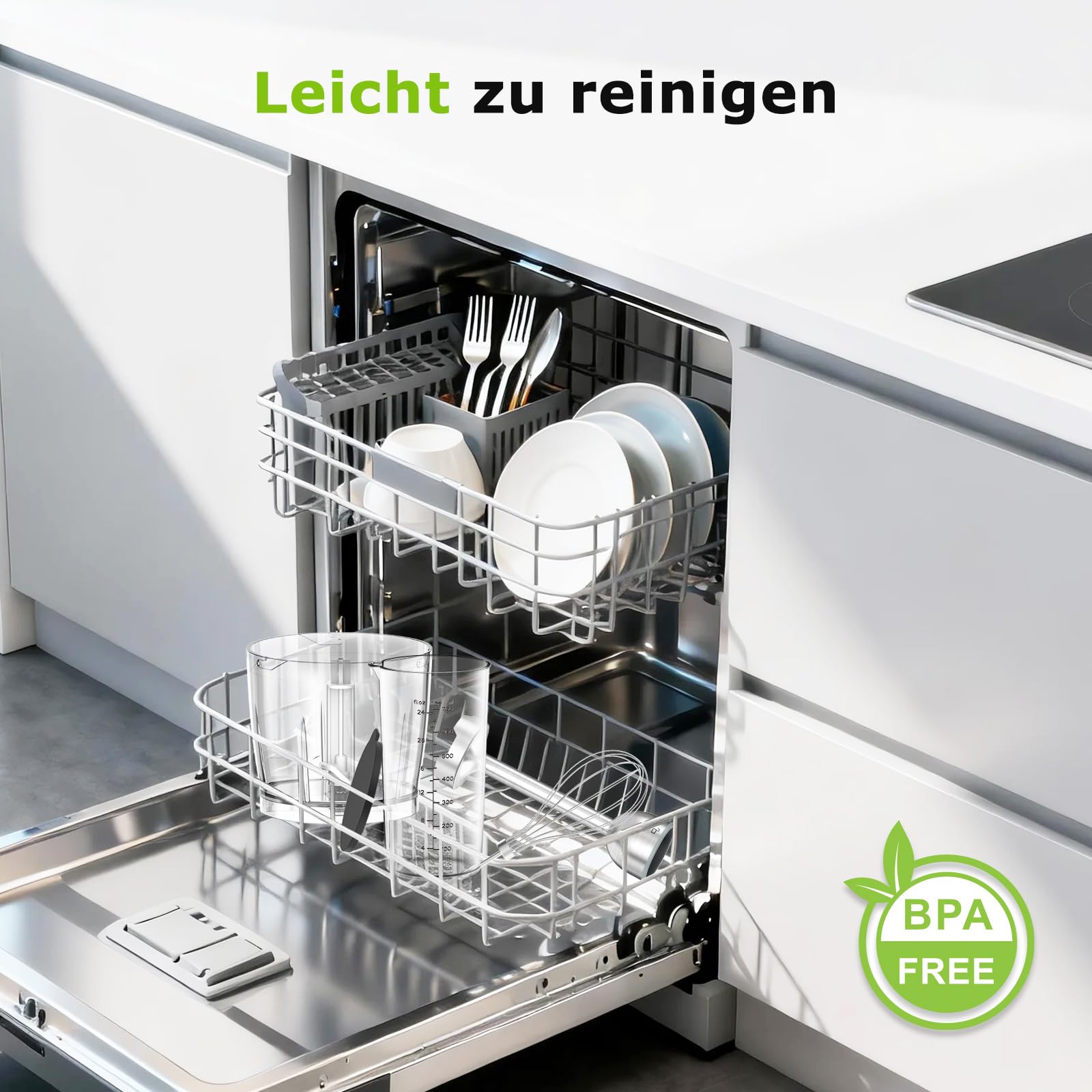Bonsenkitchen Stabmixer 4-in-1, 1000W Edelstahl mit 12 Stufen Turbo, Schneebesen 700ml Messbecher Lebensmittelhacker, Pürierstab für Babynahrung Suppen Smoothies