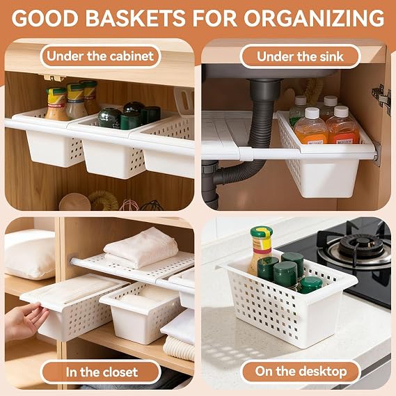 2 Pack Under Shelf Storage Basket Organizer,Hanging Storage Baskets,Hanging Basket for Closet Wardrobe Kitchen for Expandable Rod Under Sink Organizer