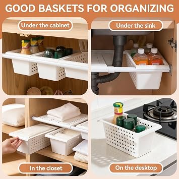 2 Pack Under Shelf Storage Basket Organizer,Hanging Storage Baskets,Hanging Basket for Closet Wardrobe Kitchen for Expandable Rod Under Sink Organizer