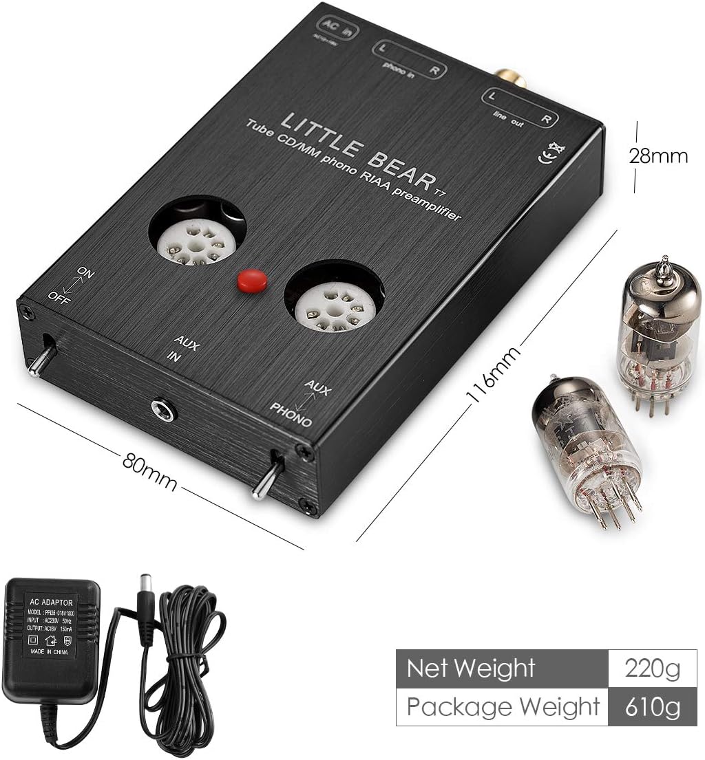 Rear panel of the Little Bear T7 Preamplifier showing AC In, Phono In (L/R), Line Out (L/R), and Ground terminal