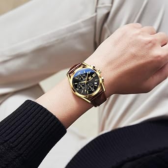 OLEVS Men's Waterproof Chronograph Watch Leather Strap Quartz Wristwatch Multi-Function Dial with Date Luminous Business Watches for Men