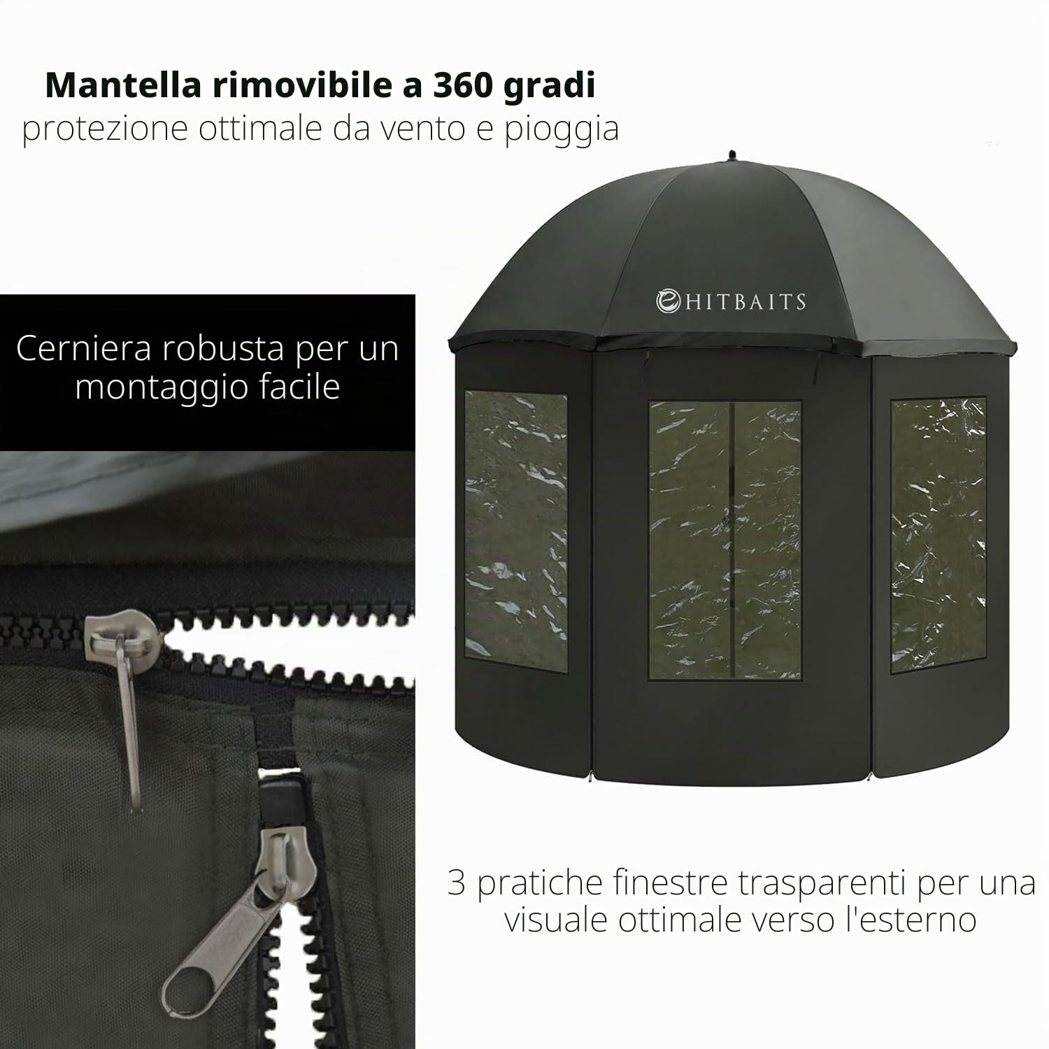Ombrellone da Pesca Impermeabile, Ombrello Grande, Antivento, Accessori da Pesca, Facile da Montare, Rimovibile, Apertura Rapida, Durevole, con Finestre e Tettuccio Regolabile, 240 cm, Nero