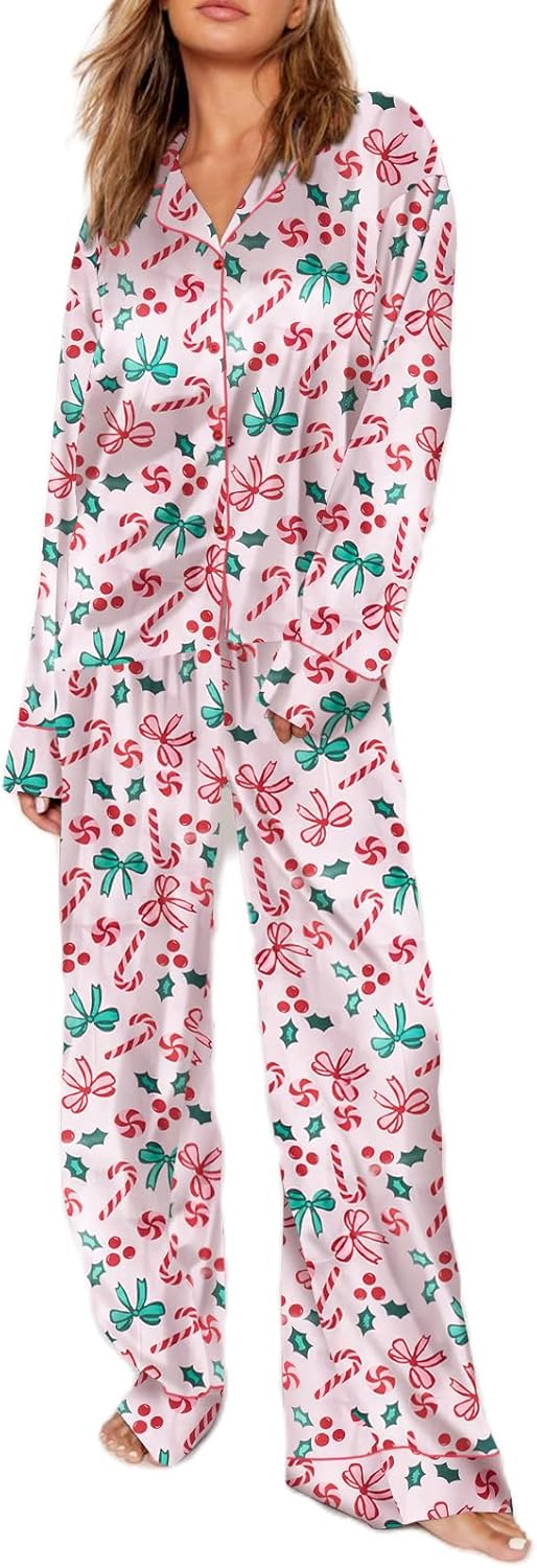Seyurigaoka Satin Silk Valentine's Day Pajamas Set for Women Polka Dot Pjs Button Up Shirt+Pants 2 Piece Valentine Jammies