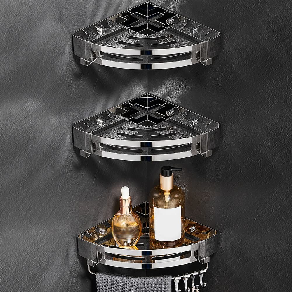 BAHELS 304 Stainless Steel Shower Caddy Bathroom Shelf Shower Organizer Shelf with Hooks Size 3 tiers with bar