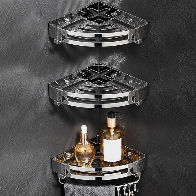 BAHELS 304 Stainless Steel Shower Caddy Bathroom Shelf Shower Organizer Shelf with Hooks Size 3 tiers with bar