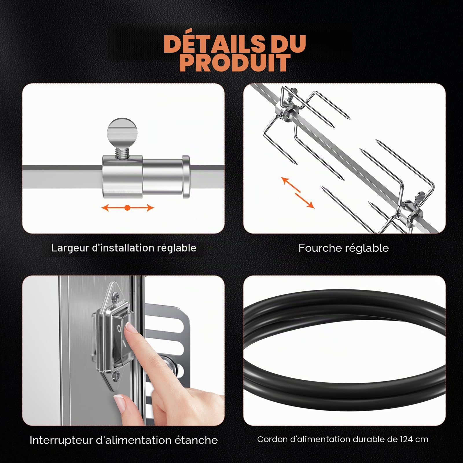 Tourne-broche électrique,tourne-broche automatique à 360°avec moteur 120V 4W, tige de broche de 34 à 42cm,4 fourchettes à viande, supports complets et vis de fixation pour barbecues de jardin