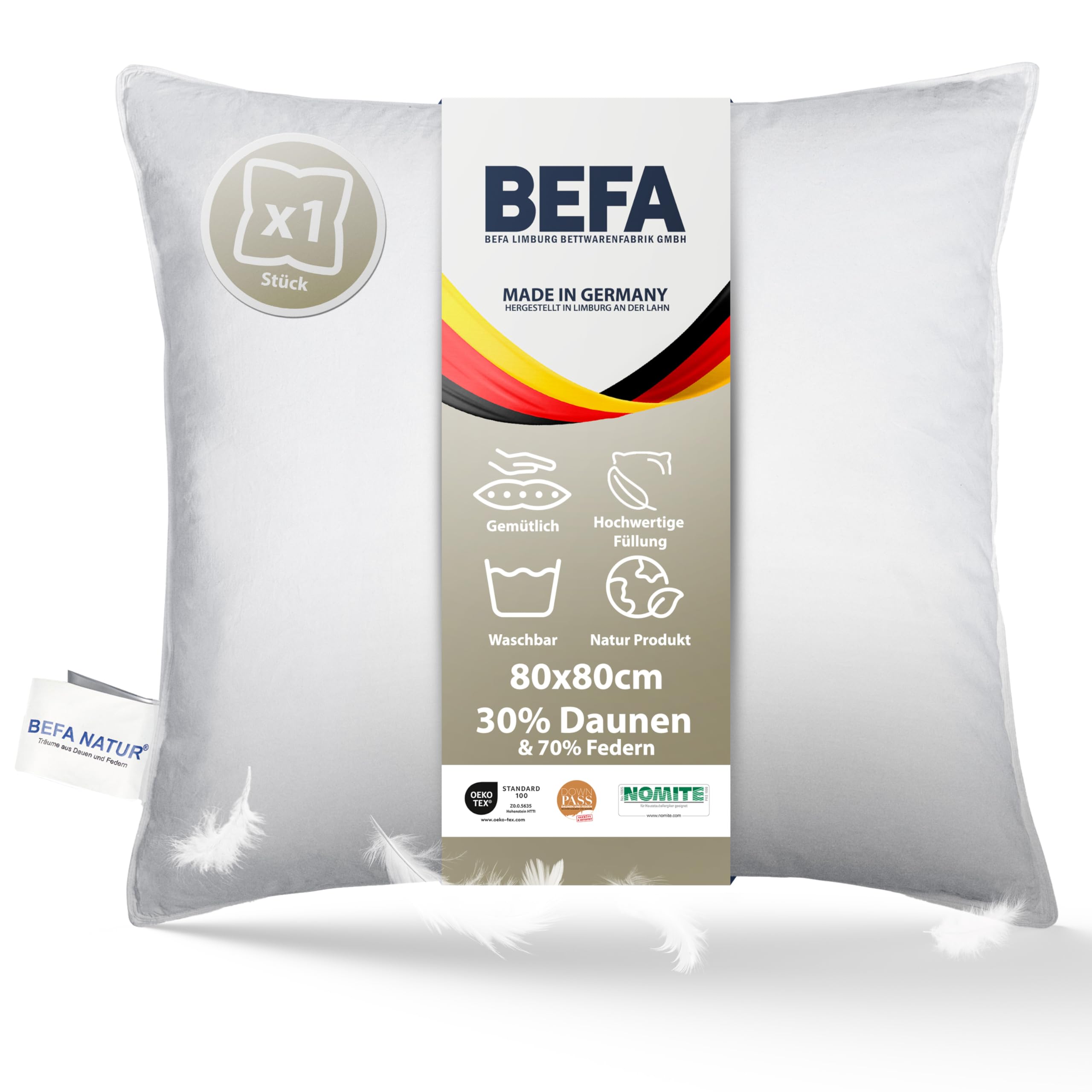 BEFA NATUR - prodotto in Germania, cuscino in piume 80x80 cm con 100% piume, adatto per allergici (Nomite), certificato Öko-Tex 100 Classe 1, standard EN 12934, Downpass