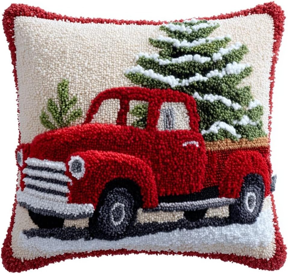 DIY Latch Hook Pillow Kit Christmas Truck with Christmas Tree 43x43cm-11