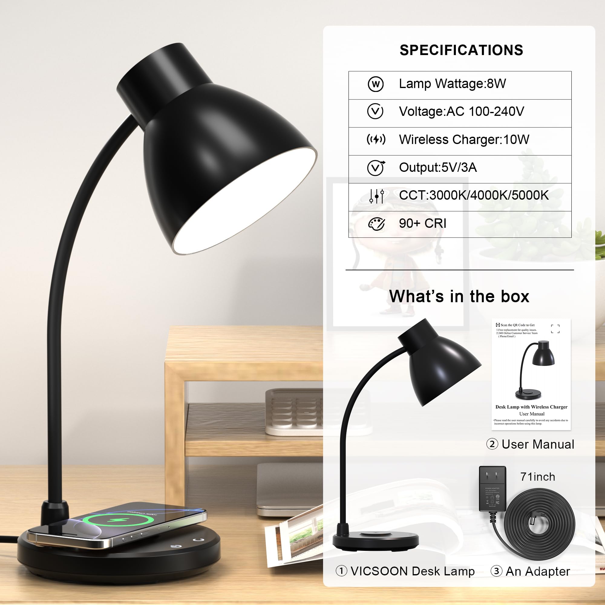 Lampade da scrivania per casa e ufficio, lampada da scrivania a LED con caricabatterie wireless, 3 modalità di colore, dimmerabile, luce da tavolo per studio, lettura e lettura, piccolo