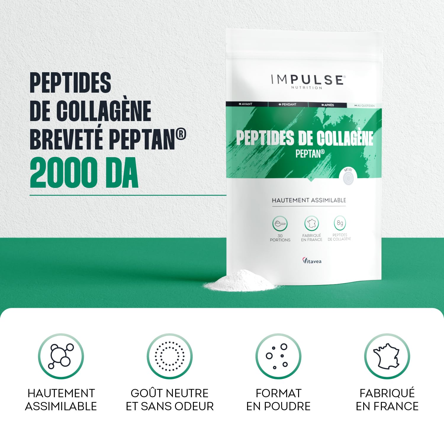 Impulse Nutrition - Peptides de Collagène Peptan 300g - Complément alimentaire sport avec Collagène Bovin - Articulations, Récupération, Peau & Tonicité - Goût Neutre - Fabriqué en France