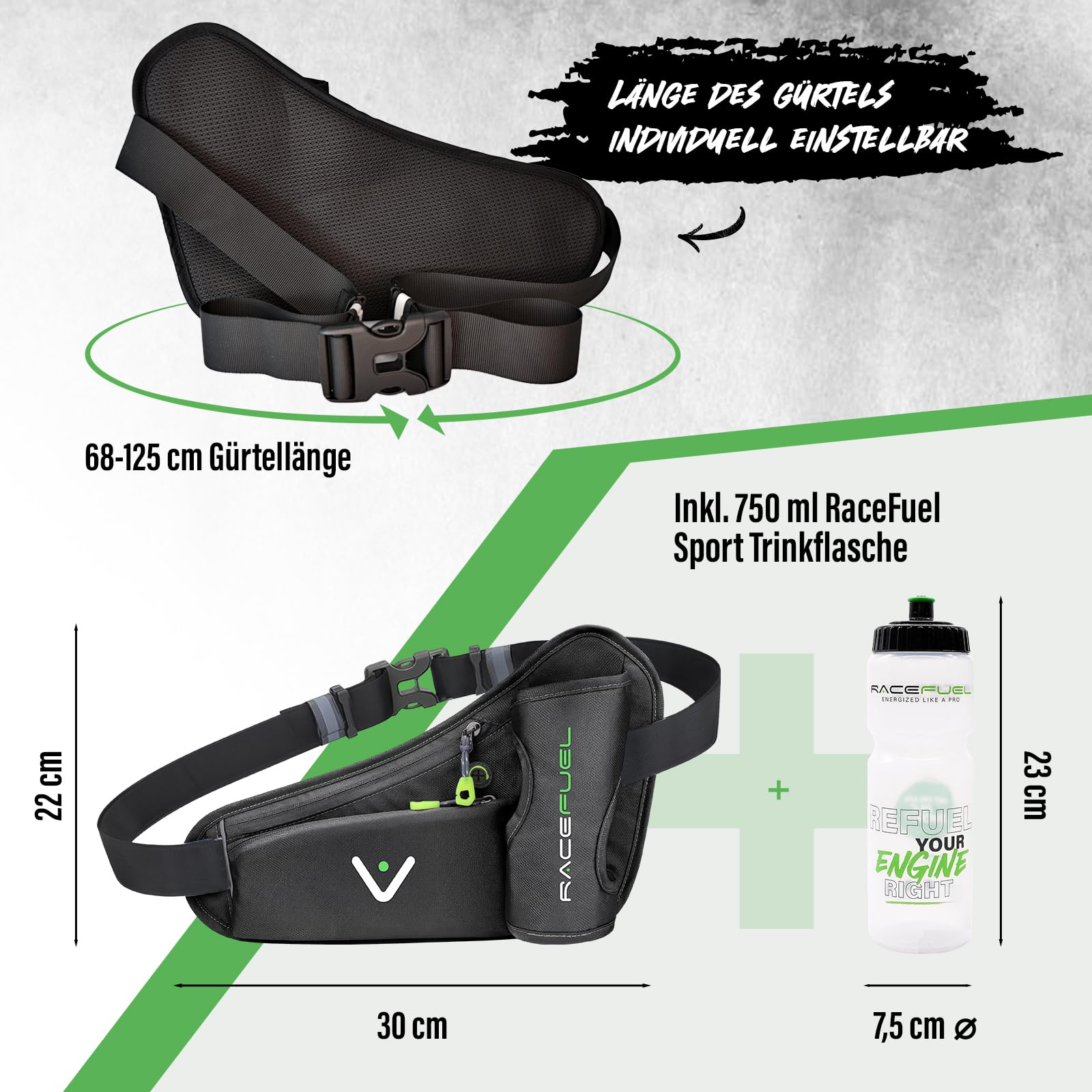 Laufgürtel Trinkgürtel Gürteltasche Handytasche für Trinkflasche, Radflasche und Softflask, wasserdicht, mit Fach für Handy, ideal für Training, Laufen, Radfahren, Wandern (Mit 750ml Flasche)