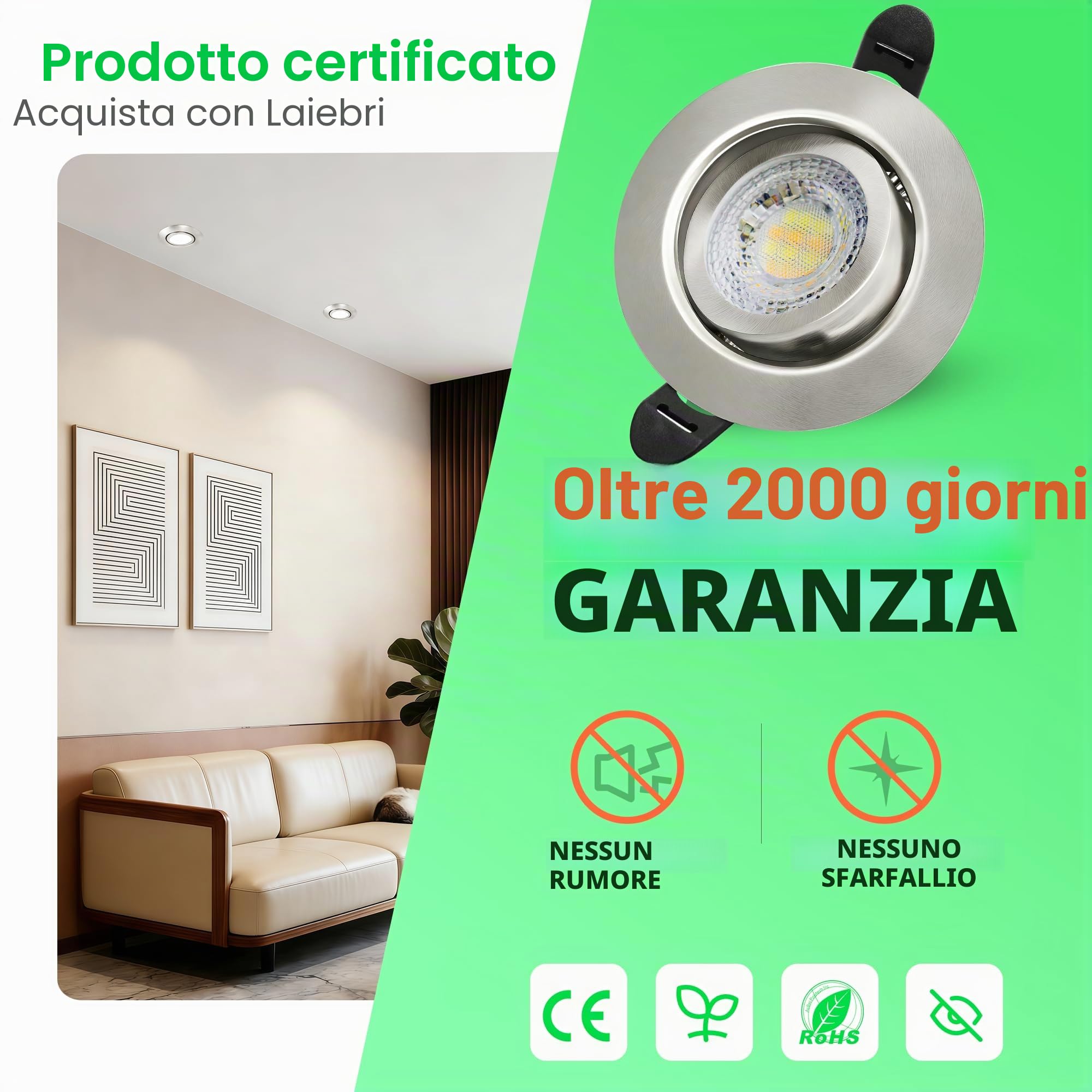 Faretti LED da incasso, 230V, dimmerabili, 6W, IP44, diametro 68mm, orientabili a 38°, temperatura colore 3000K/4000K/6000K, per bagno, faretti piatti da incasso, Nichel, 6er