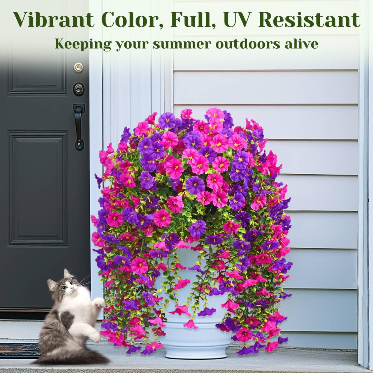 Dolicer 2 Packs Look Real Artificial Flowers for Outdoors, Fake Artificial Hanging Flowers for Outdoors Realistic UV Resistant Hanging Flowers Silk Petunia Faux Flowers for Porch Patio(Purple+Fuchsia) - Image 3