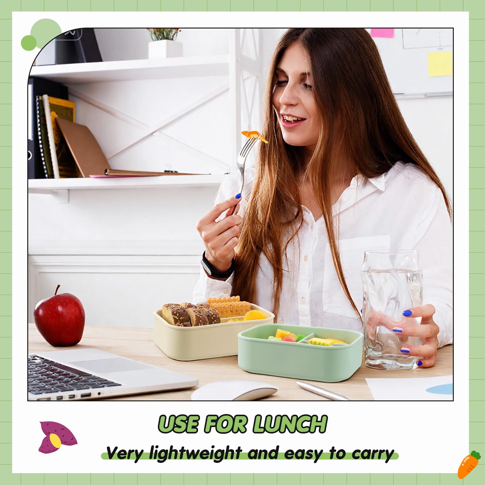 Boîte à bento en silicone – Récipient à déjeuner réutilisable, 2 compartiments, passe au micro-ondes, au lave-vaisselle, au congélateur – Parfait pour les adultes, préparation des repas respectueuse