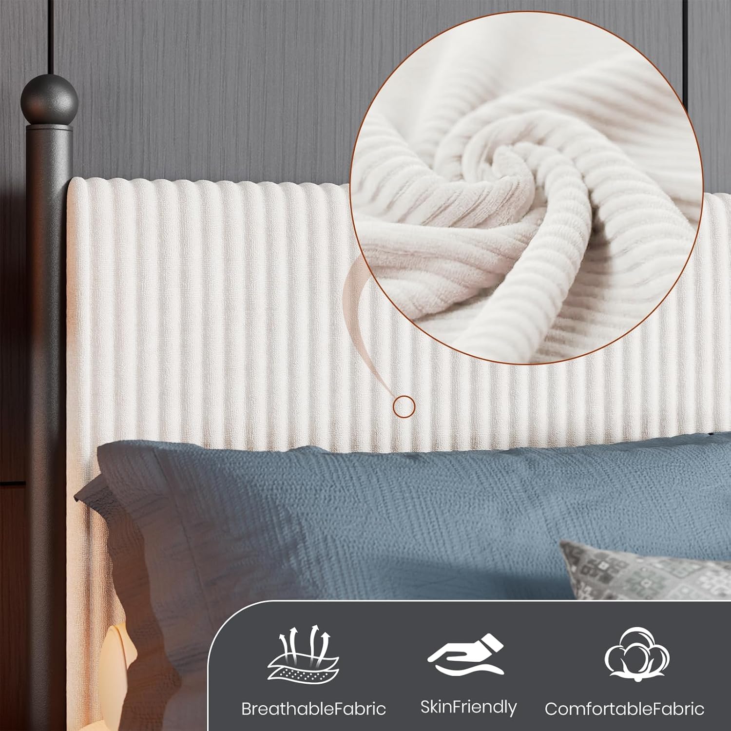 Garvee Queen Size Upholstered Bed Frame - with Velvet Headboard, Soft Corduroy Fabric Platform with Wooden Slats Support & Heavy Duty Feet, No Box Spring Needed, Noise Free, Easy Assembly, White