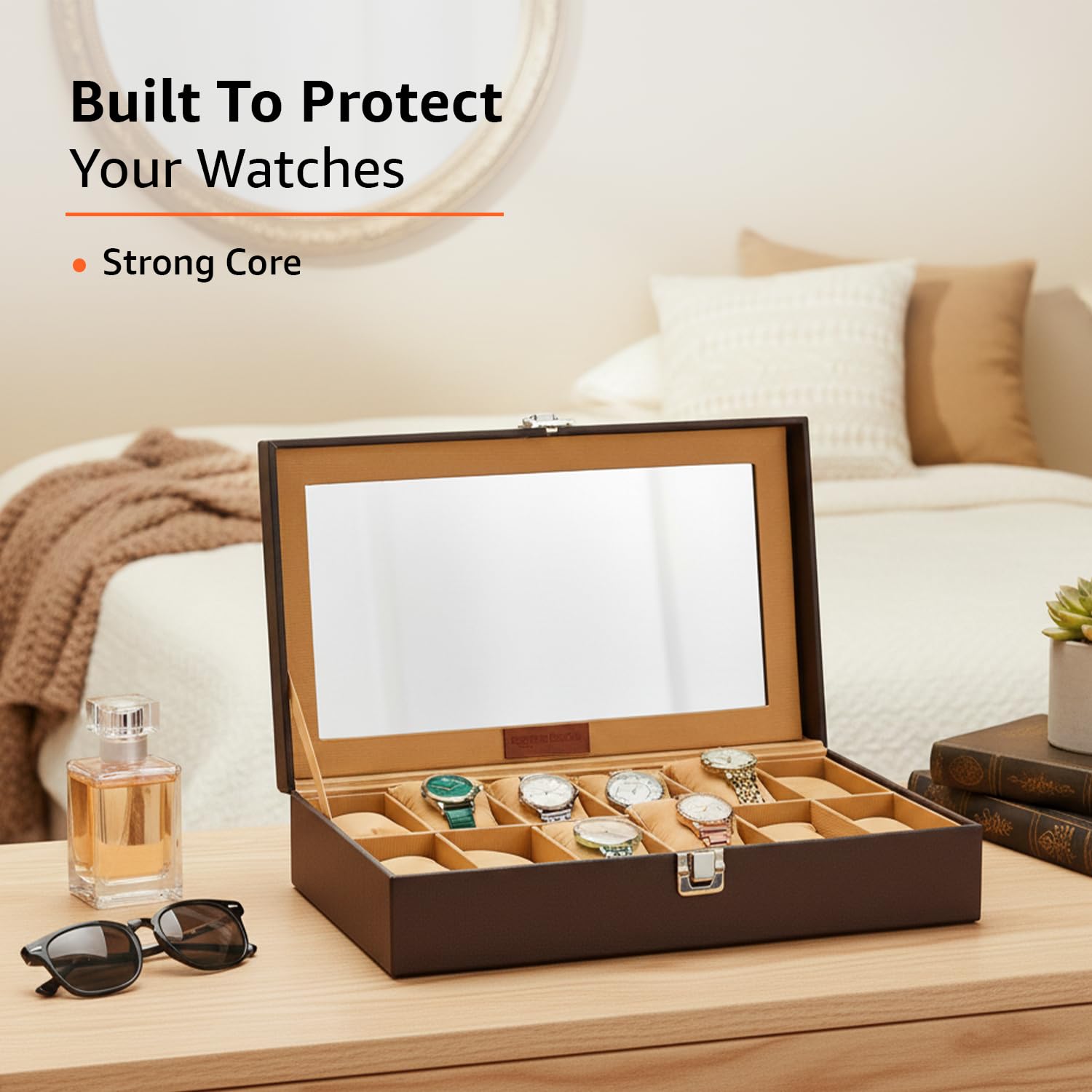 Unisex Faux Leather Watch Organiser Box with 12 Slots |Watch Organiser with Transparent Lid |20.5D X 33.5W X 8H cm | Brown 2